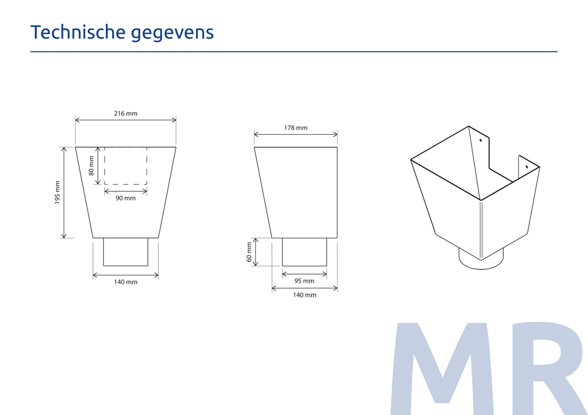 Aluminium Vergaarbak Vierkant 200x250 Ø100mm Crème RAL-9001
