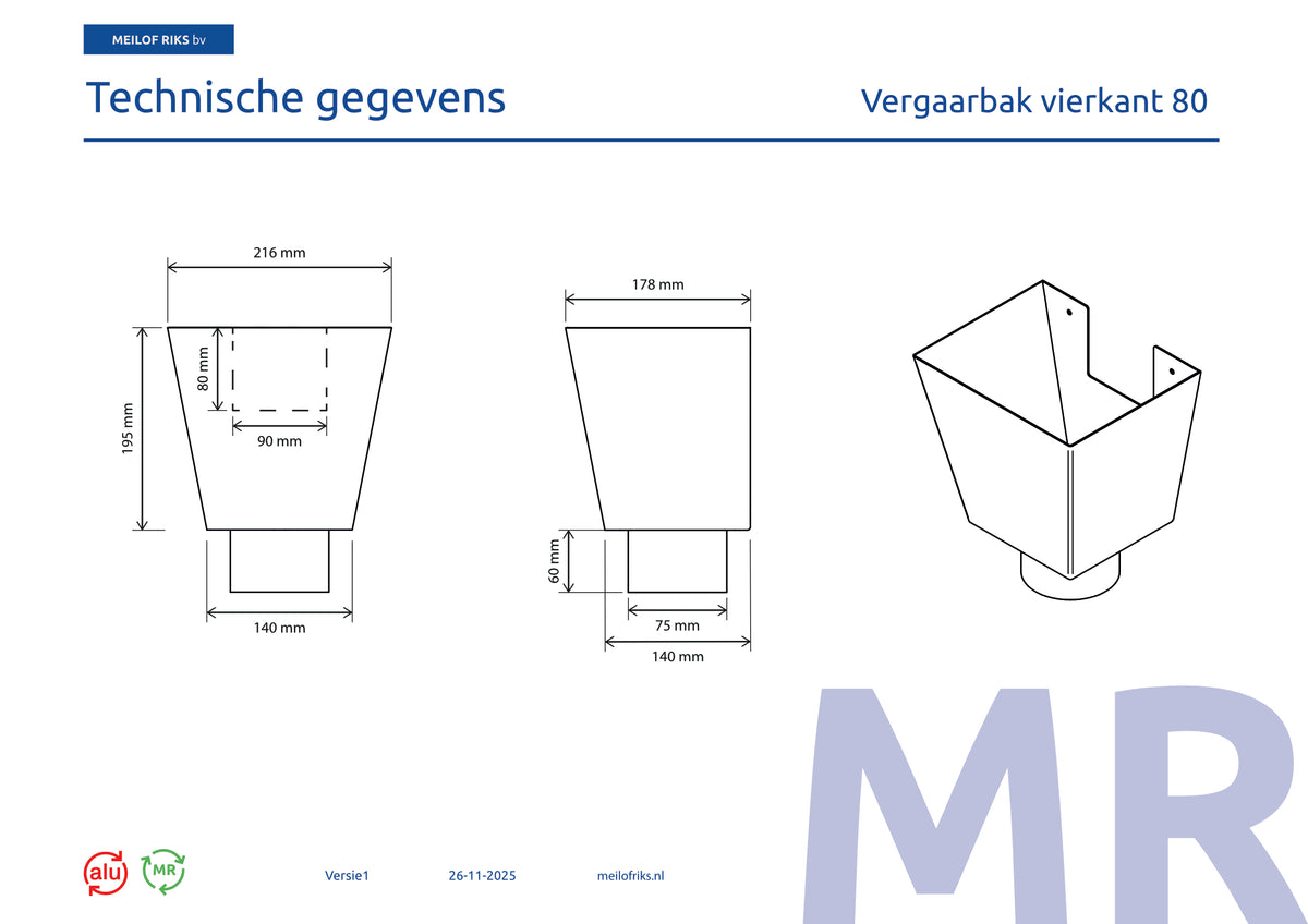 Aluminium Vergaarbak Vierkant 200x250 Ø80mm - Kleur n.t.b.