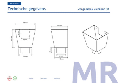 Aluminium Vergaarbak Vierkant 200x250 Ø80mm - Kleur n.t.b.